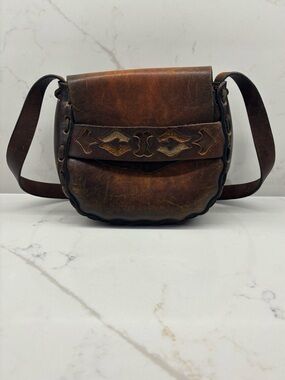 Vintage Tooled Leather Crossbody Bag Boho Western Saddle Style Festival Purse